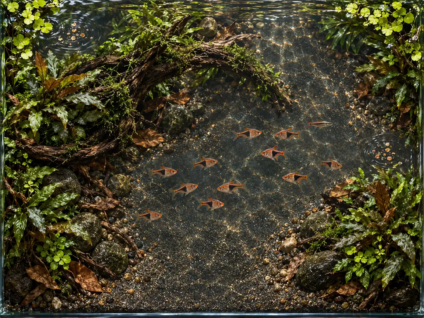 A top-down 75 by 30 centimetre harlequin rasbora aquarium plan with crescent-shaped planting, a broad central swimming lane, gentle circulation, and two feeding zones
