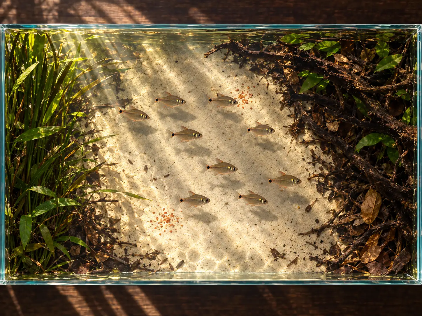 A front-view head and tail light tetra aquarium diagram showing angled side light, dark planted end zones, an open central school lane, and two feeding points