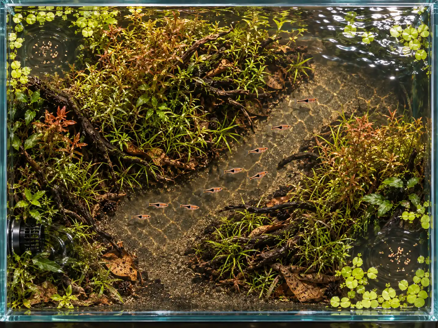 A top-down 60 by 30 centimetre lambchop rasbora tank plan with offset planted islands, an open S-shaped swimming lane, gentle circulation, and two feeding zones