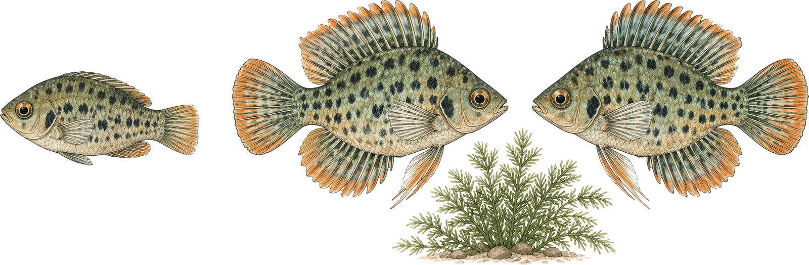 Diagram of two small spotted fish facing each other with every fin fully erected and spread, while a third fish with folded fins turns away at the side