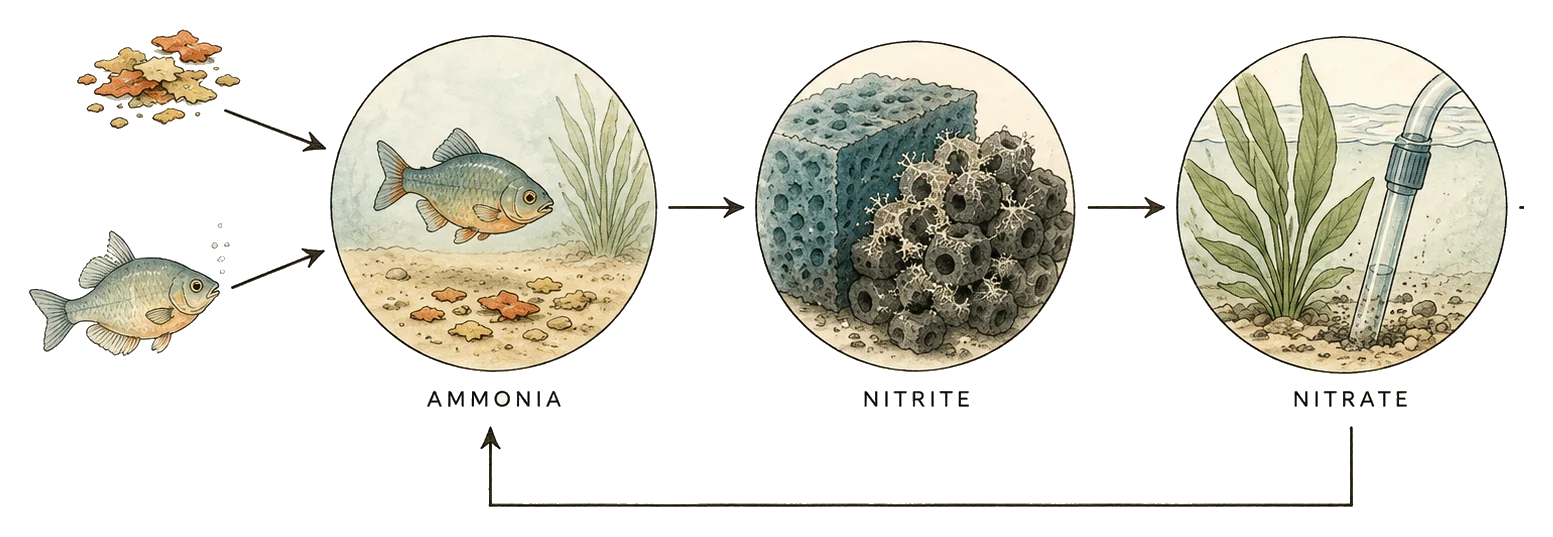 Illustrated nitrogen cycle showing fish waste becoming ammonia, biofilter conversion to nitrite and nitrate, and nitrate export through plants and water changes