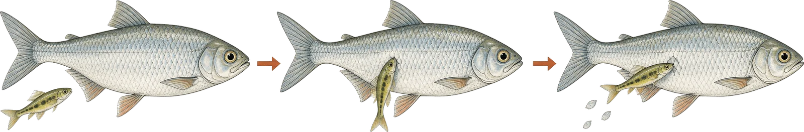 Three-panel diagram showing a small spotted fish approaching the flank of a much larger fish, pressing its snout against the flank, then turning towards the tail with loose scales drifting away