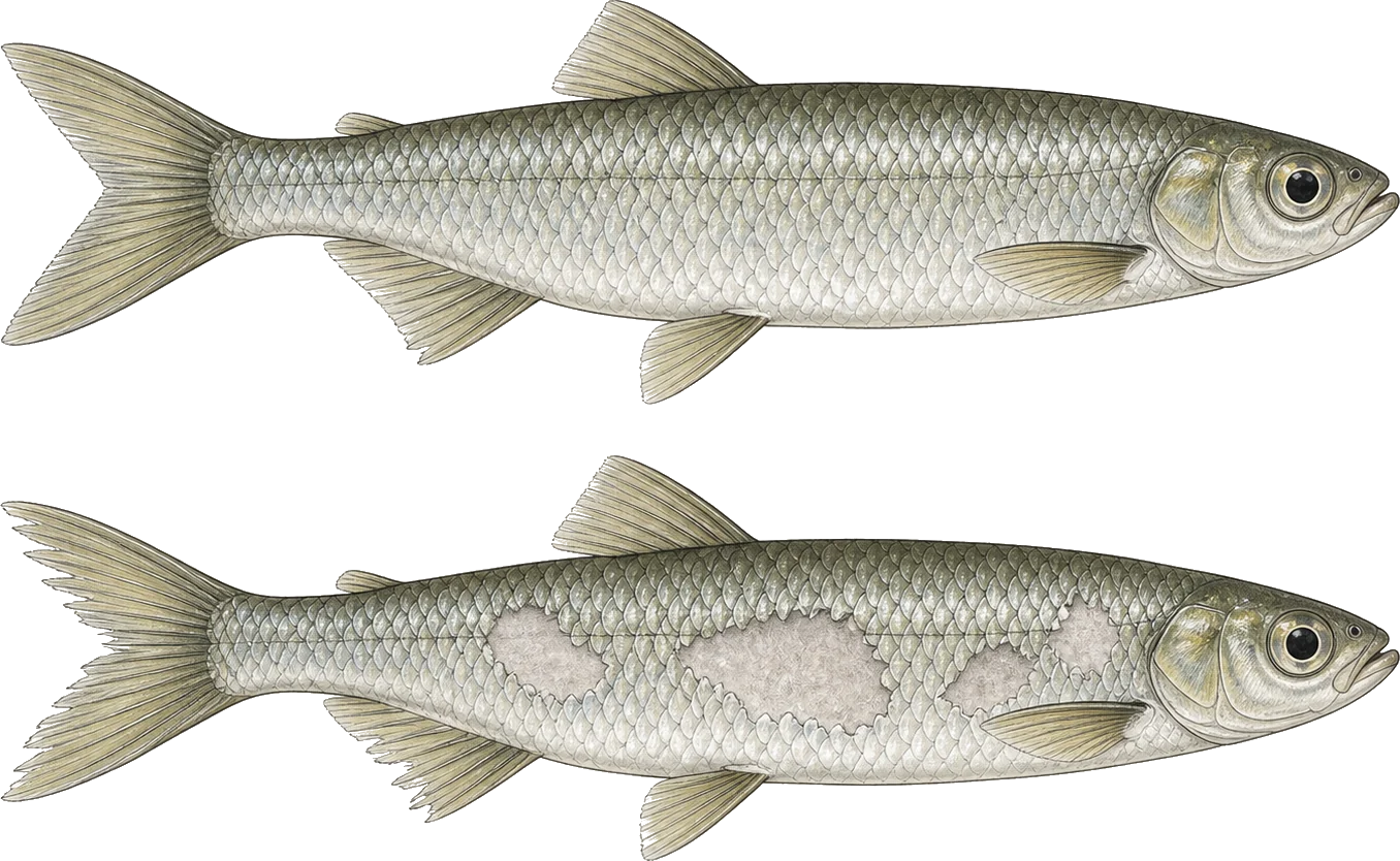 Diagram comparing two drawings of the same silver fish, the upper with an even unbroken scale pattern, the lower with irregular matte patches where scales are missing and slightly frayed fin edges
