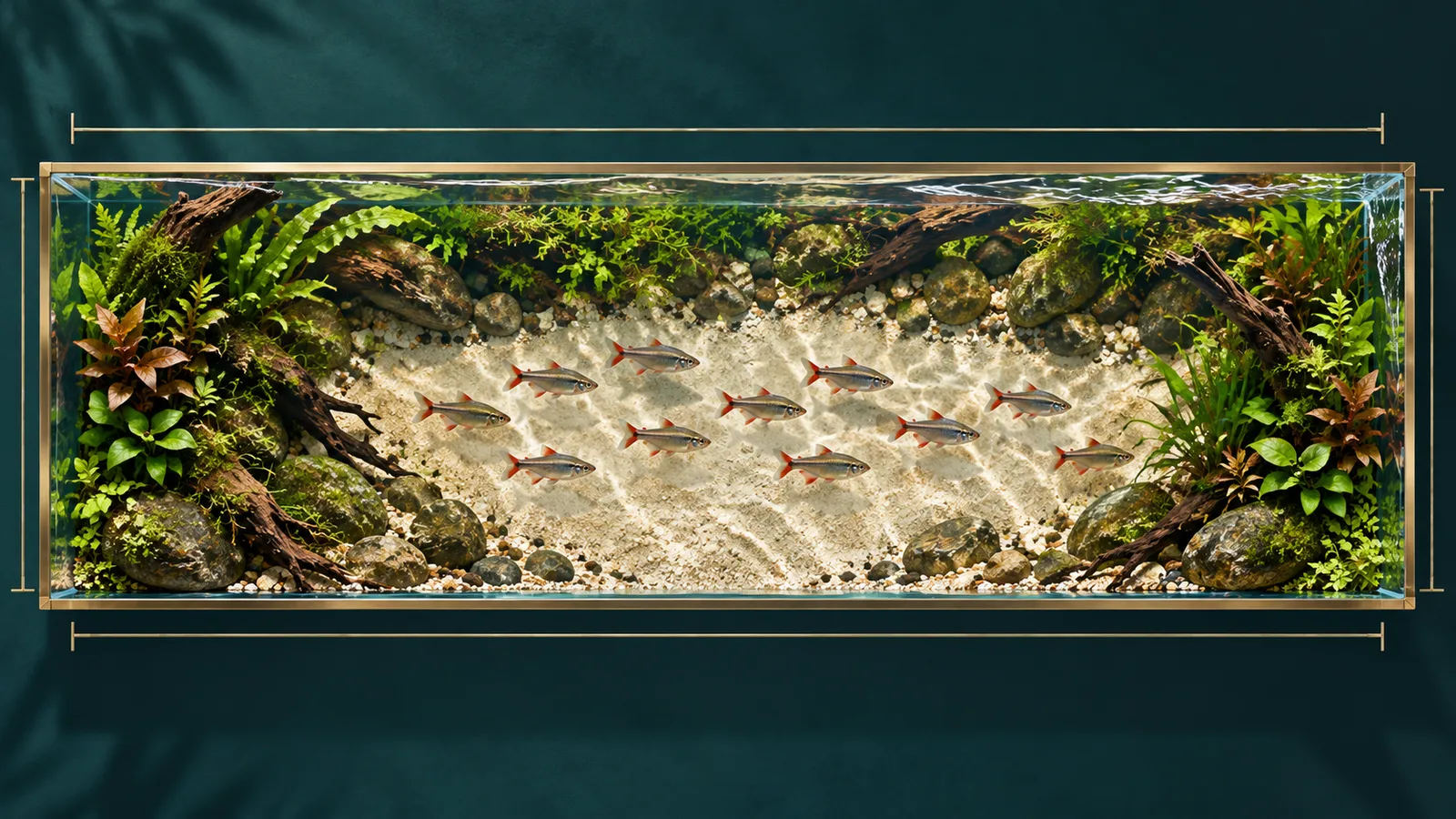 Overhead aquarium plan with refuge at the edges and a long open route for a proportionate school