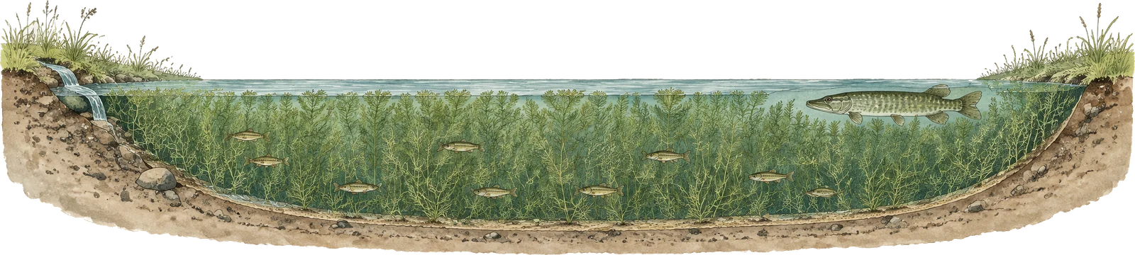 Cross-section diagram of a very wide, very shallow pond fed by a seep, filled almost entirely with dense fine submerged weed, with tiny fish tucked among the vegetation and one large predatory fish in the open water