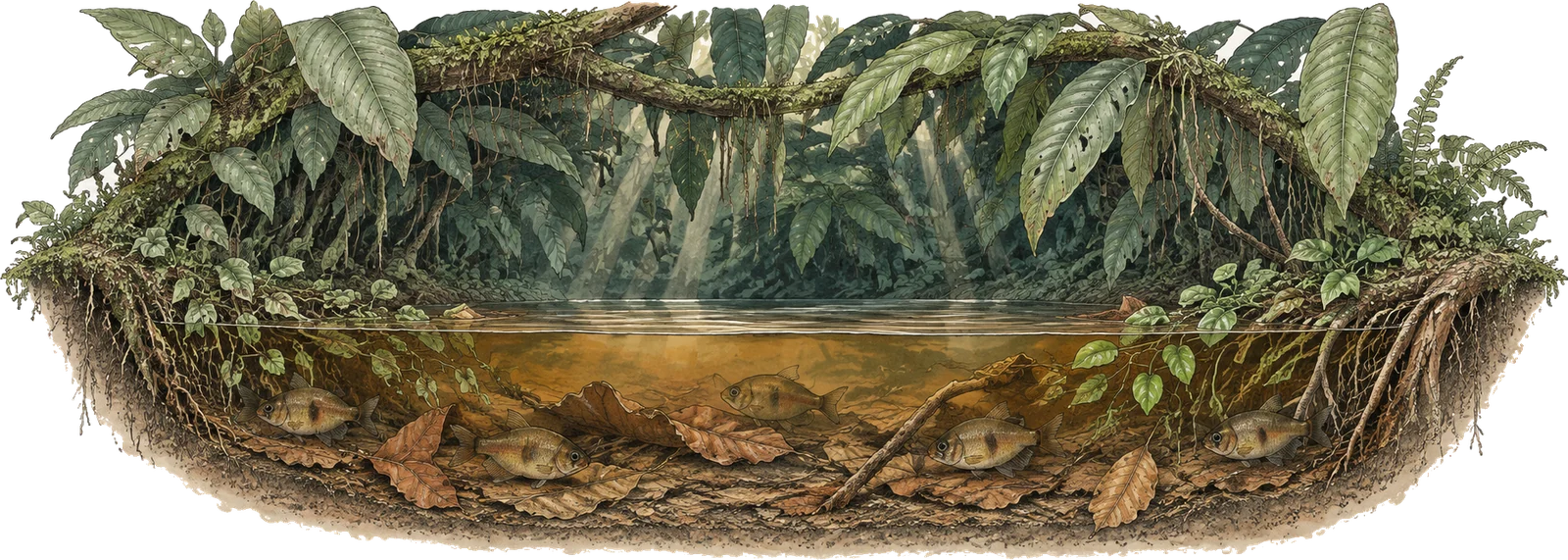 Cross-section diagram of a narrow shaded forest stream with dense overhanging canopy, shafts of light, tea-coloured shallow water, a thick bed of fallen leaves and silt, and small deep-bodied fish holding close to the margins