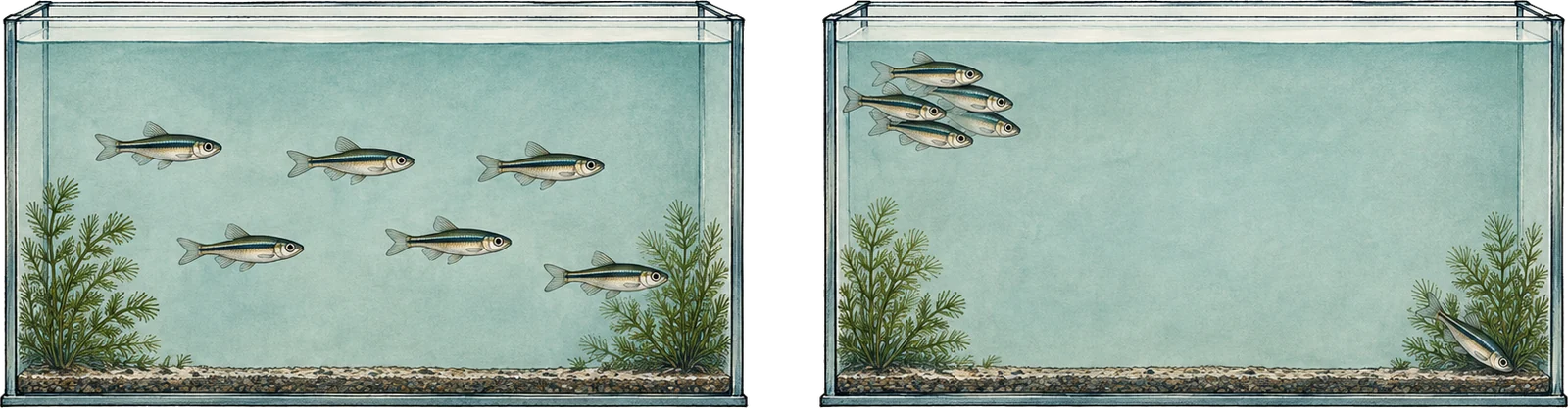 Diagram of two identical aquariums, one with six fish evenly spread and level across open water, the other with five fish bunched in an upper corner and a sixth alone nose-down behind planting at the opposite end