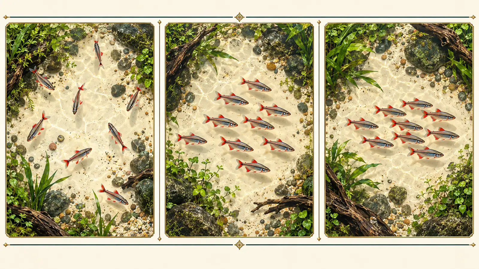 Top-down comparison of scattered fish, a loose shoal and a coordinated school