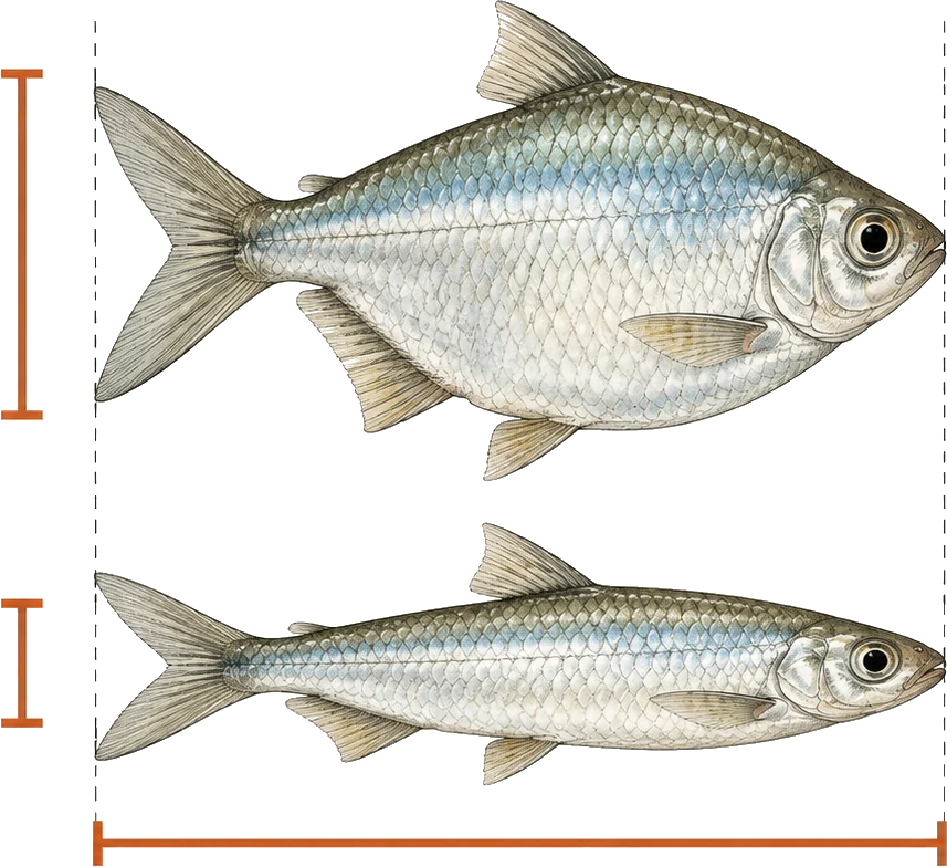 Two tetras of identical length drawn to one scale, the upper one deep-bodied and the lower one slender, with a vertical measuring bar at each body's deepest point and a shared length bar beneath both