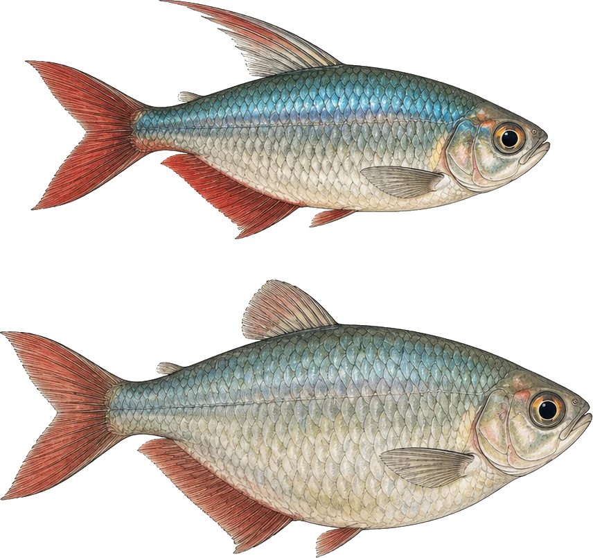 Two Colombian tetras drawn one above the other, the upper male slimmer with a long extended dorsal fin and strong colour, the lower female deeper through the belly with a short dorsal fin and weaker colour