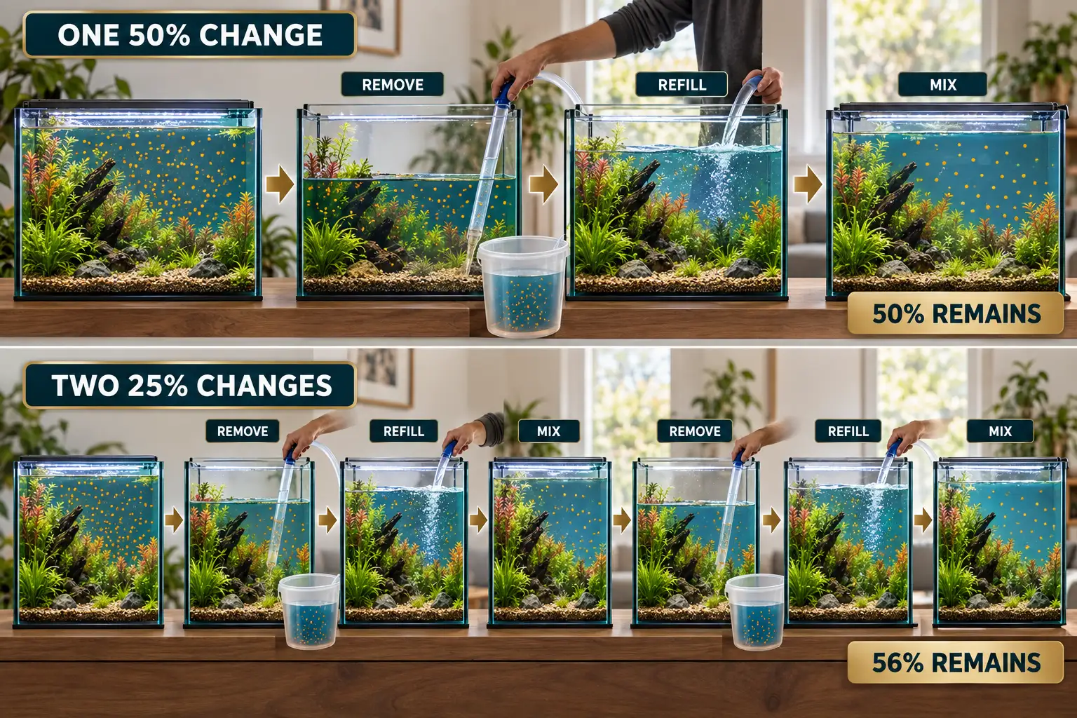 Dilution diagram comparing one 50 percent aquarium water change with two 25 percent changes and showing 50 percent versus 56 percent remaining