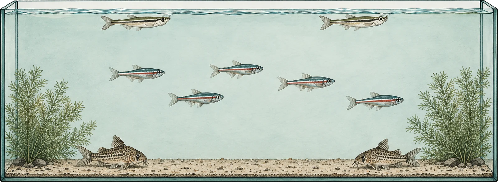 Diagram of one aquarium in side view with two fish at the surface, a loose shoal of six fish through the open middle water, and two bottom-dwelling fish resting on the sand