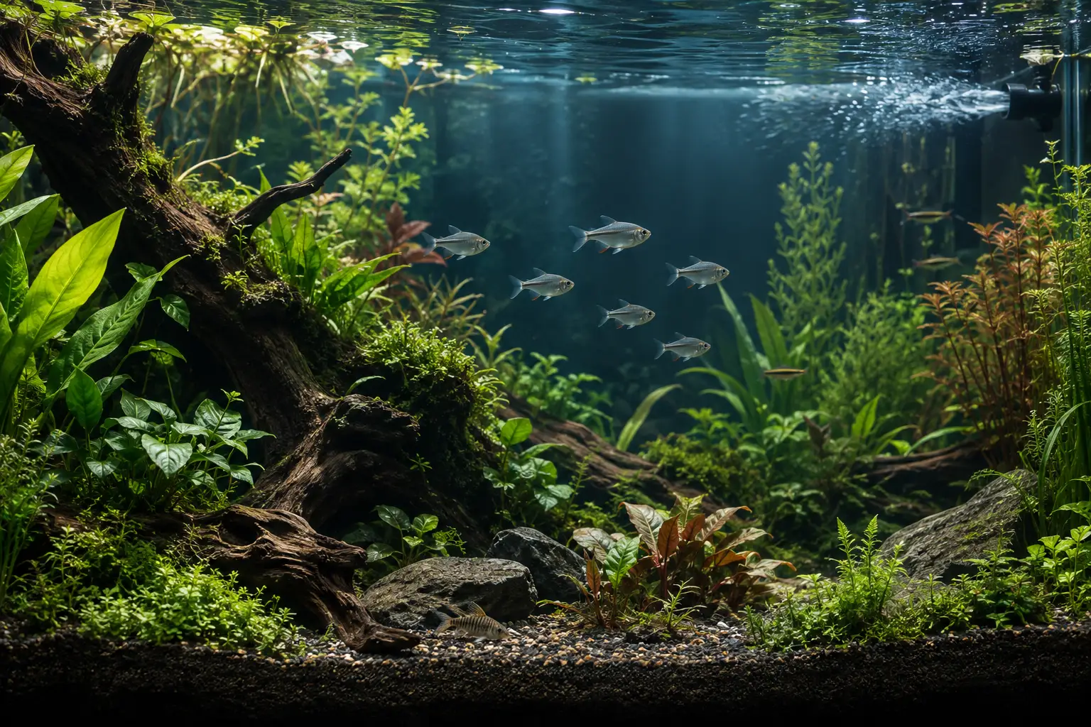 A planted freshwater aquarium with schooling fish, open swimming water, wood, plants, and visible surface circulation