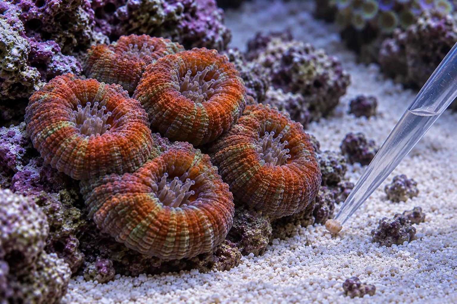 Fed acan coral colony with full polyps while a clean baster removes one uneaten particle from surrounding sand