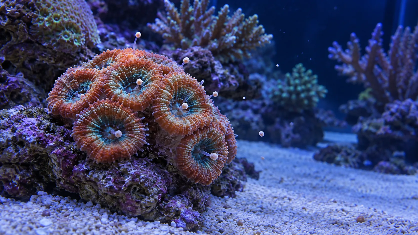 Macro view of expanded acan coral polyps receiving a few small marine food particles under gentle flow