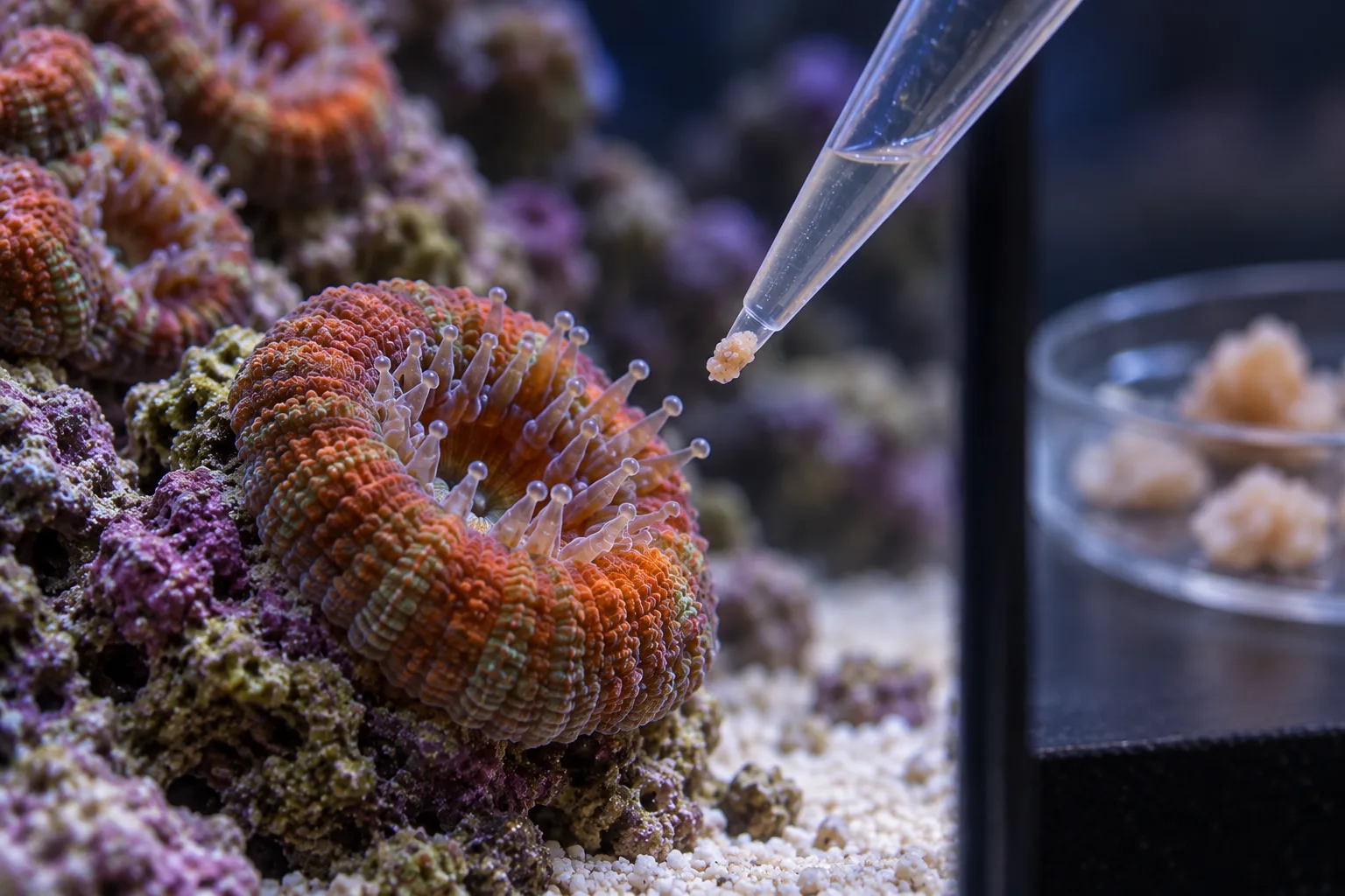 Small marine food morsel held near one open acan coral polyp with larger unsuitable chunks kept outside the tank
