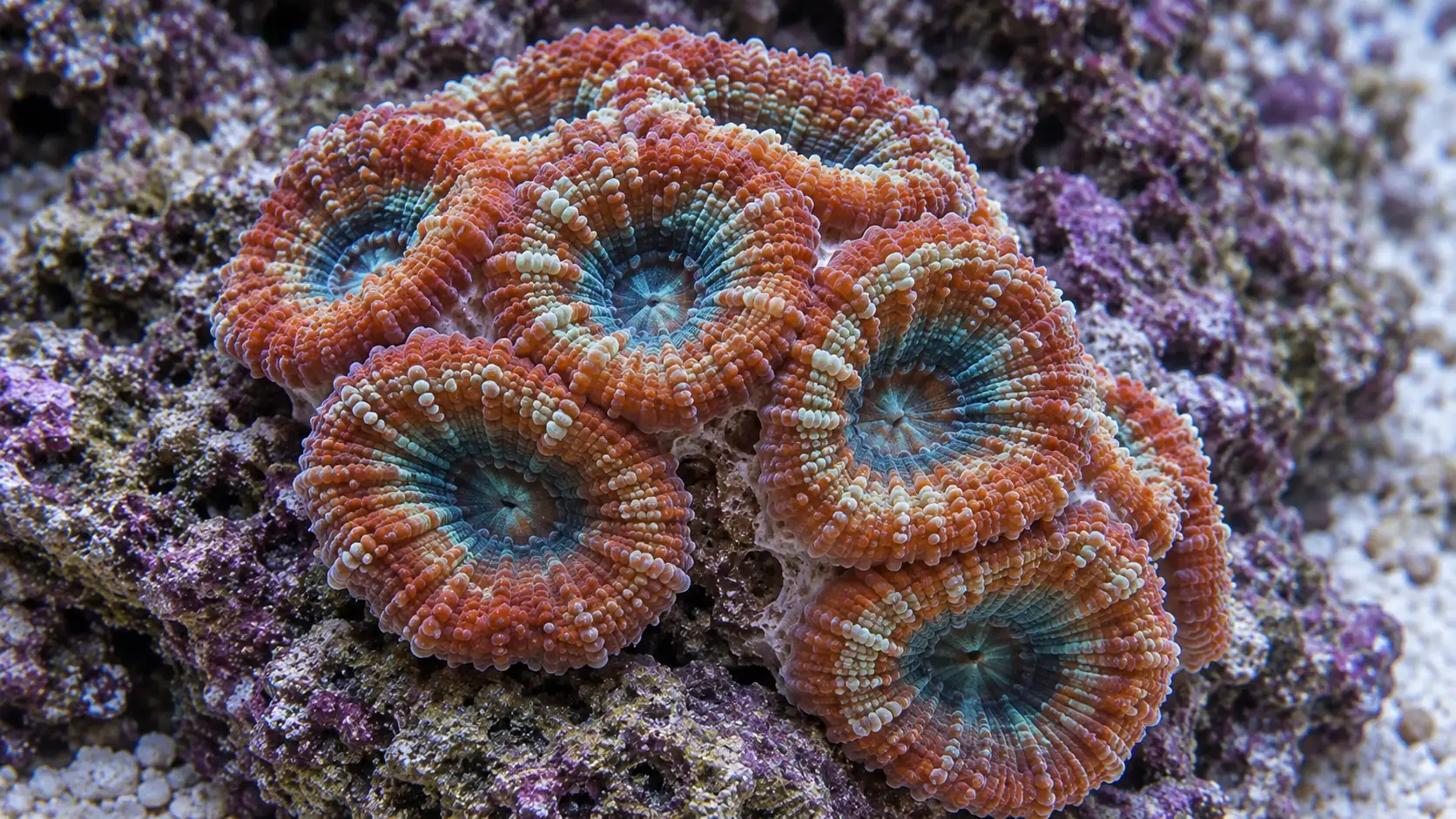 Close view of a fleshy Micromussa-type coral colony with separate round polyps and visible stony walls