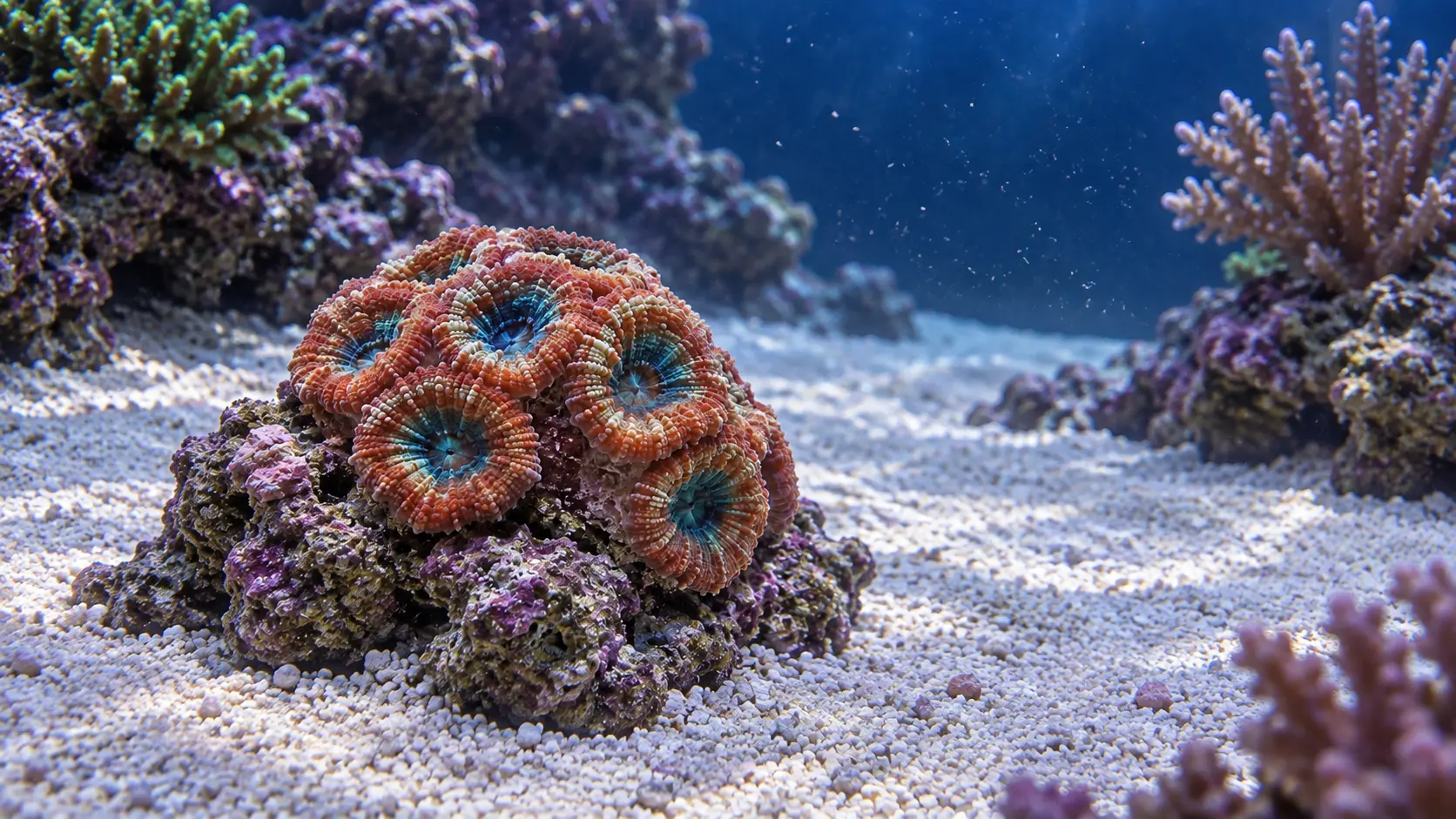 Wide reef aquarium view with an acan coral on a low separate rock receiving indirect light and gentle cross-flow