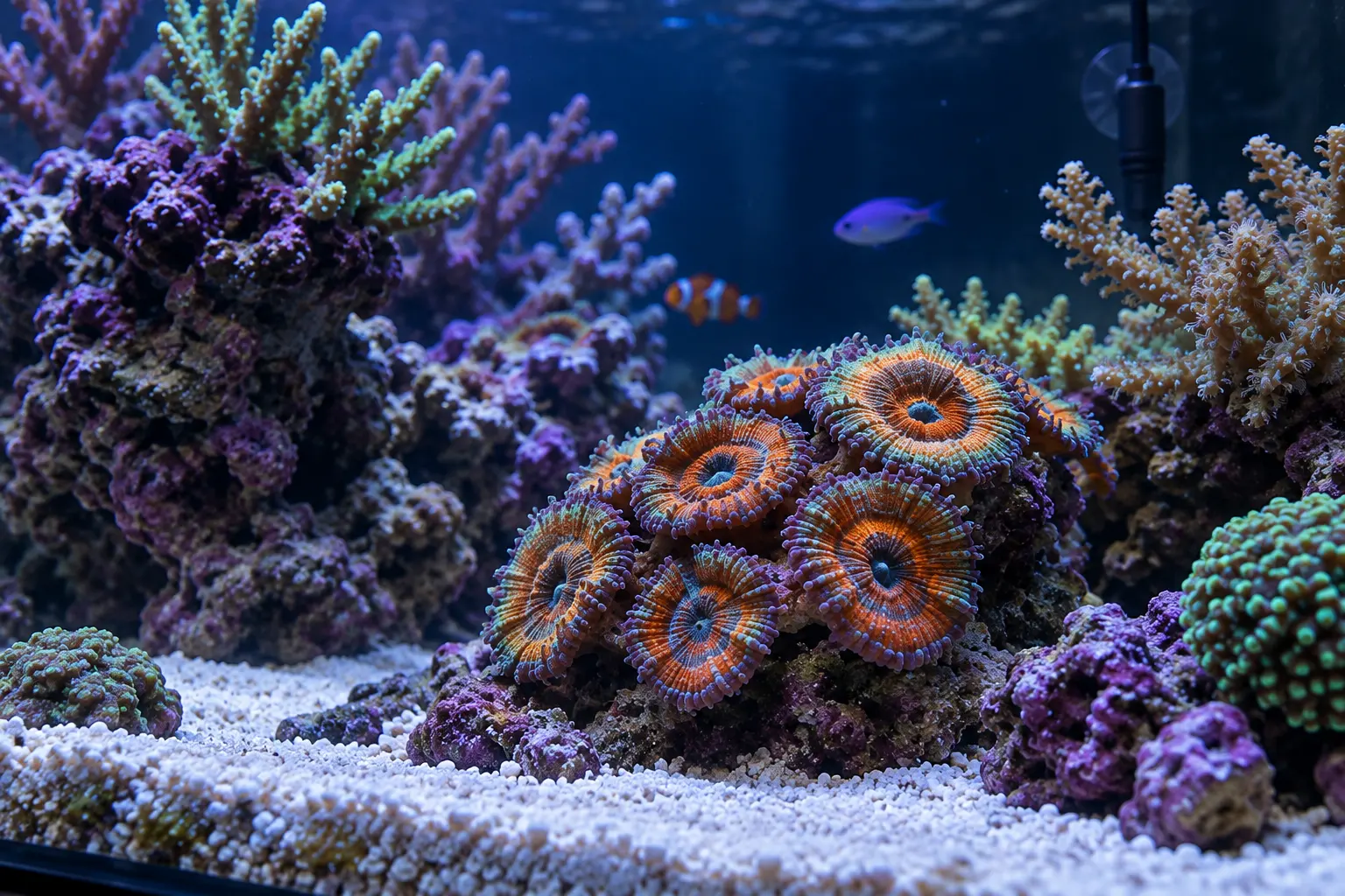 Healthy acan coral colony fully inflated in a mature reef aquarium with open water and gentle indirect flow