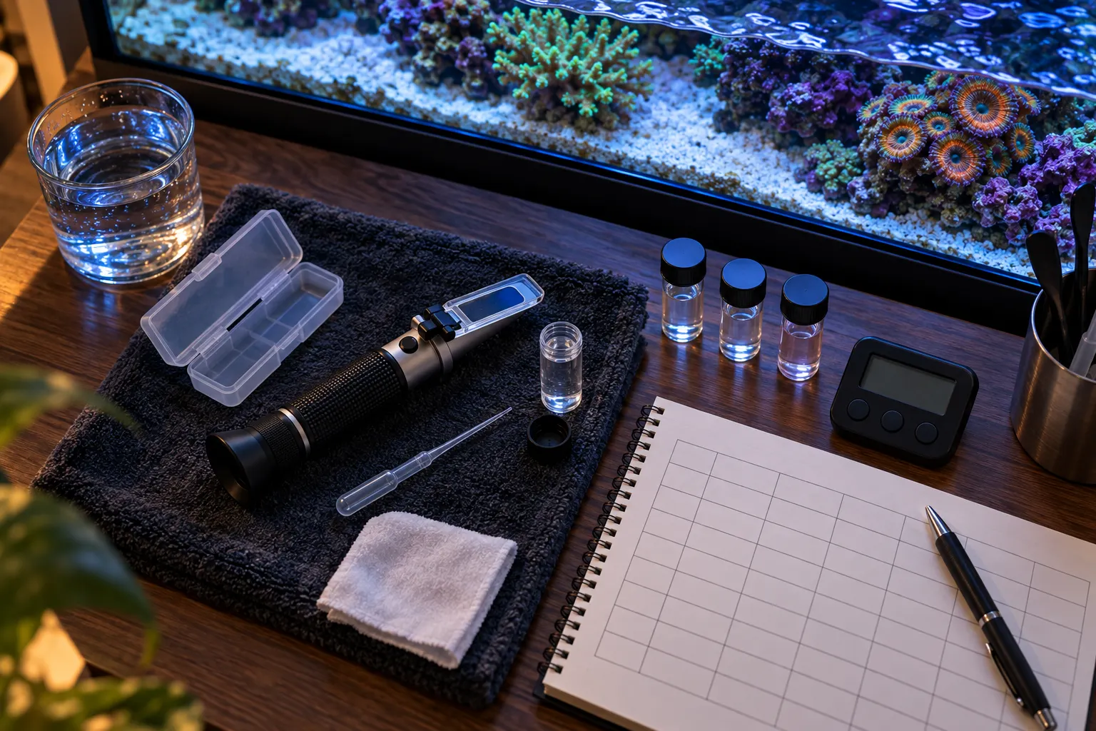 Clean reef testing station with refractometer, sample vials, timer and blank log beside the aquarium