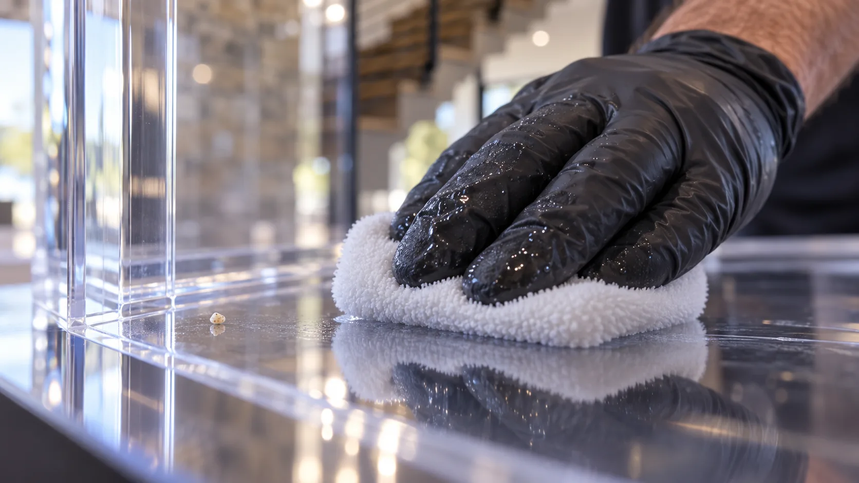 Gloved hand using a soft acrylic-safe pad while keeping a grain of grit away from a clear aquarium panel