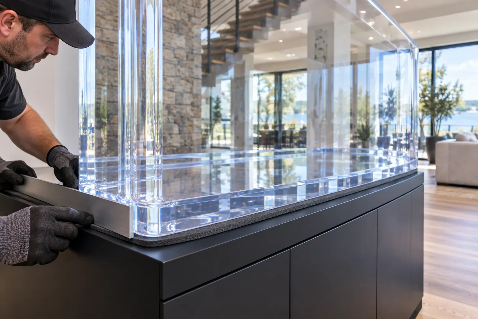 Close view of a thick acrylic aquarium base resting on continuous flat support and a fitted cushioning layer