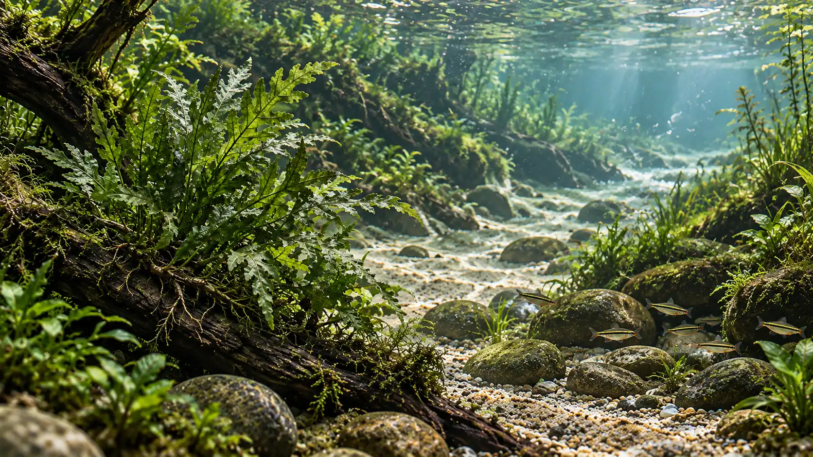 Riverbank-inspired aquarium with African water fern on side wood, visible open flow lane and calm fish refuge behind stones