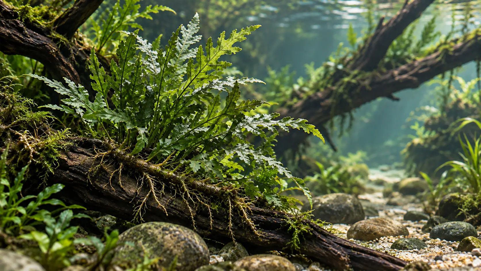African water fern attached to dark wood with its creeping rhizome and divided green fronds visible