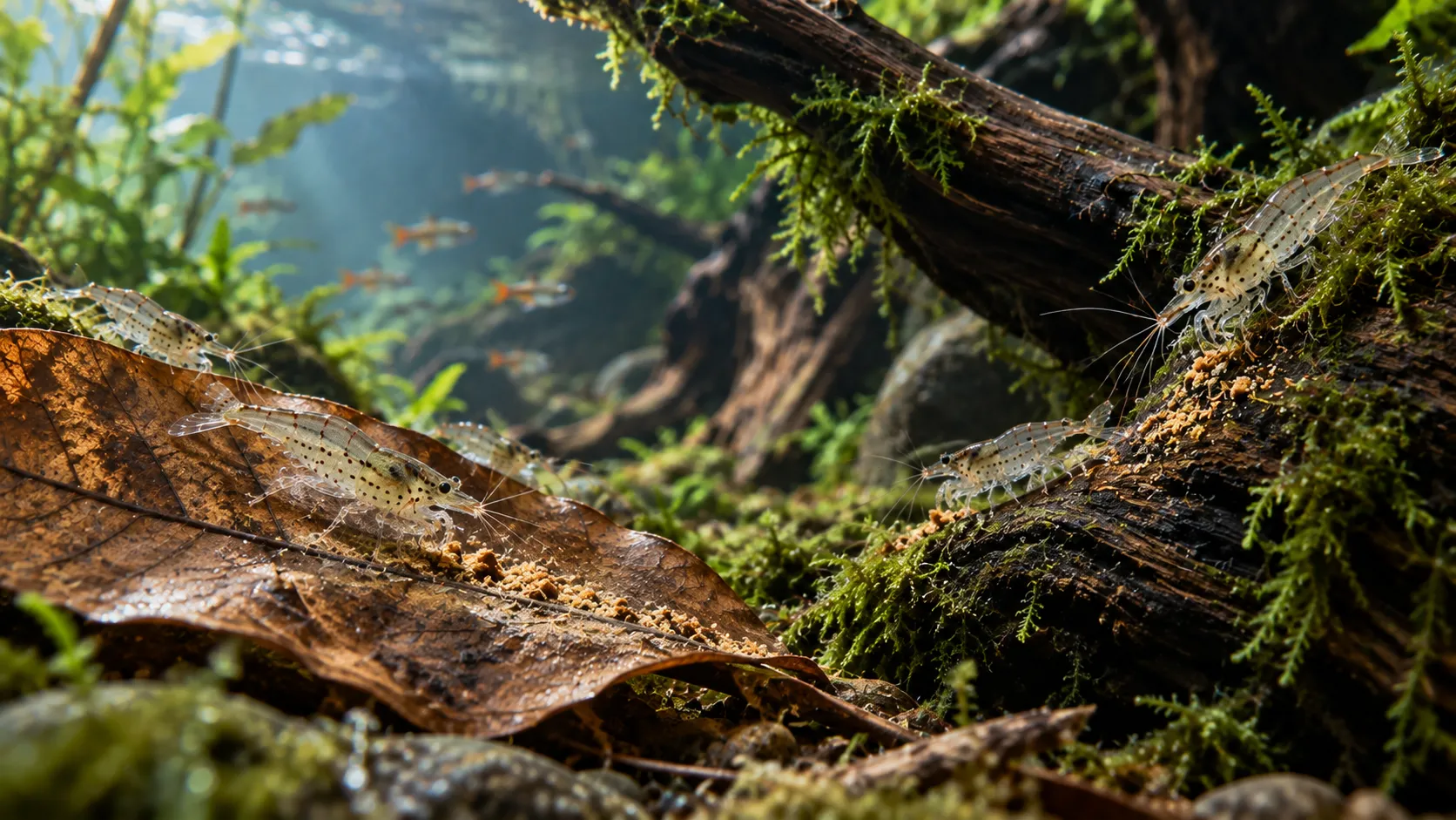 Several Amano shrimp grazing biofilm and a small distributed food portion across a broad leaf and wood