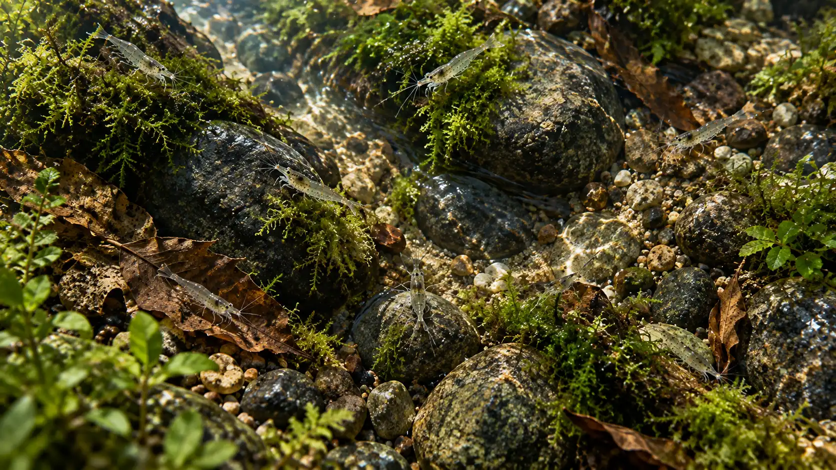Group of Amano shrimp spread across cobbles, leaf litter and moss in a flowing planted aquarium