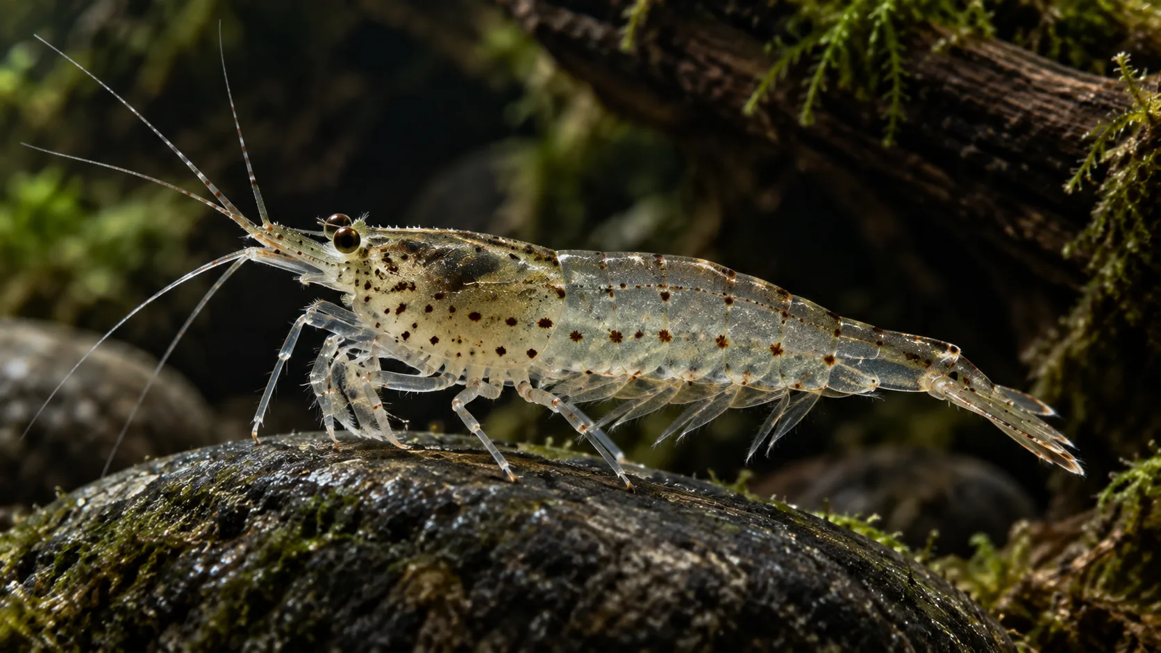 Amano shrimp seen from the side on a dark river stone with its translucent body and dotted flanks visible