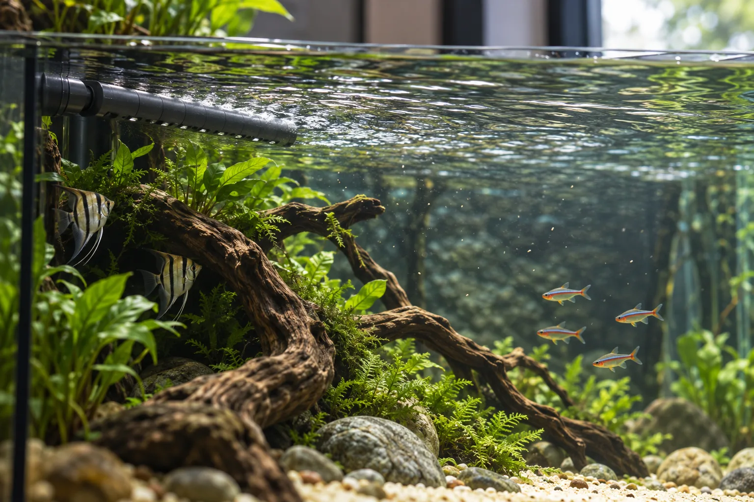 Spray bar creating surface movement across open water while wood and plants provide a calmer resting zone