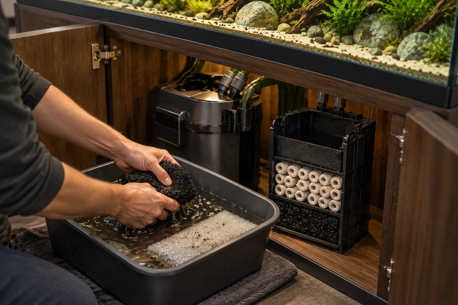 Aquarist rinsing coarse filter sponge in removed aquarium water while biological media remains wet and undisturbed