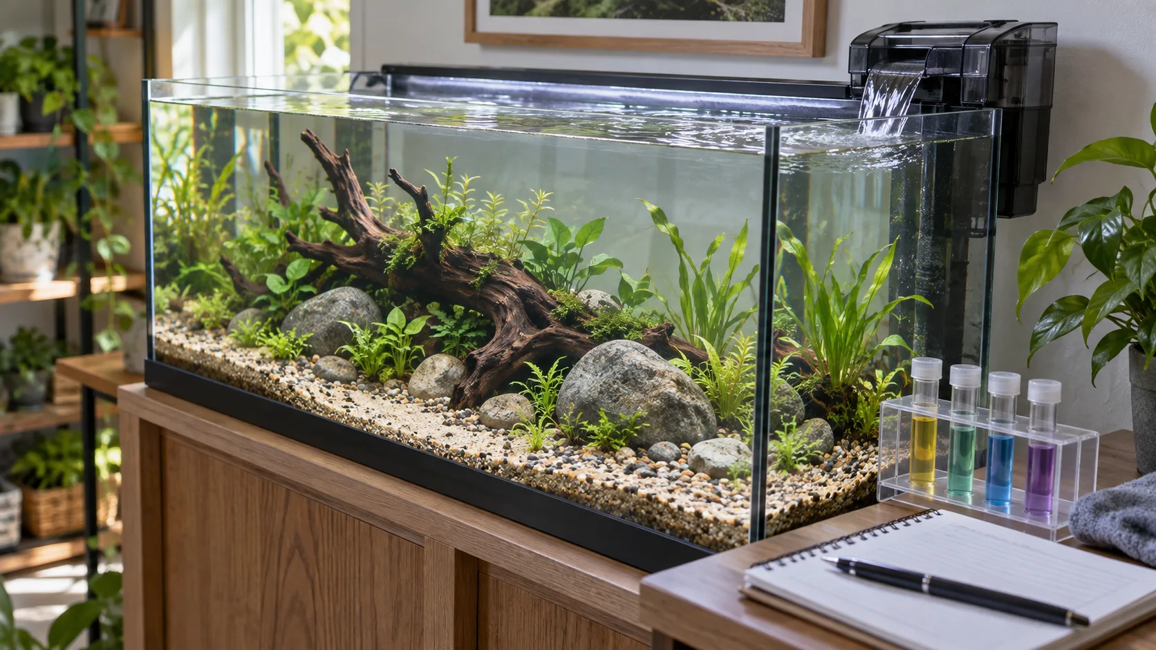 Fishless planted aquarium running with test vials and a notebook beside it