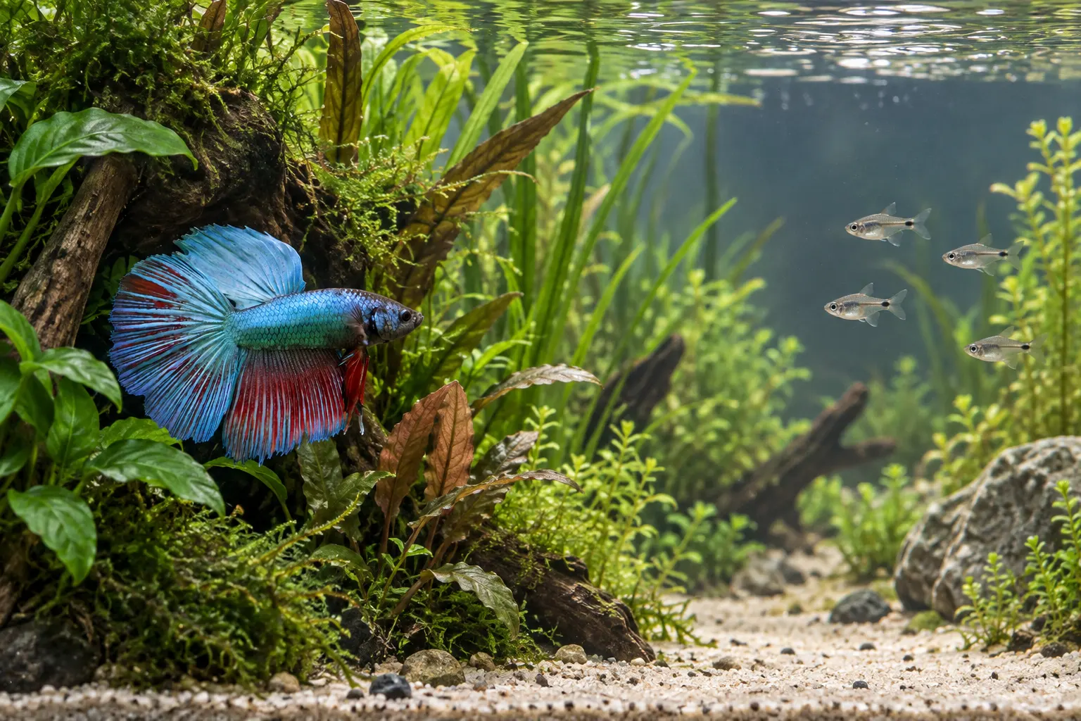 Blue and red long-finned betta using a planted refuge while small silver community fish remain across an open aquarium