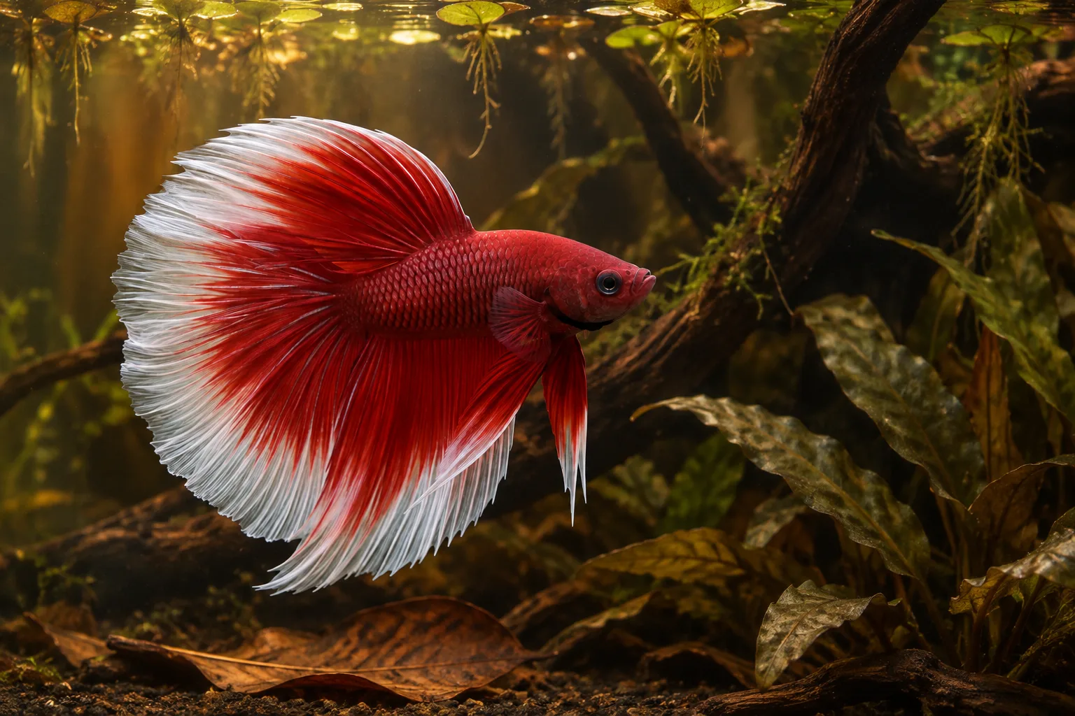 Red and white long-finned male betta swimming beside dark wood and broad plants in an amber aquarium