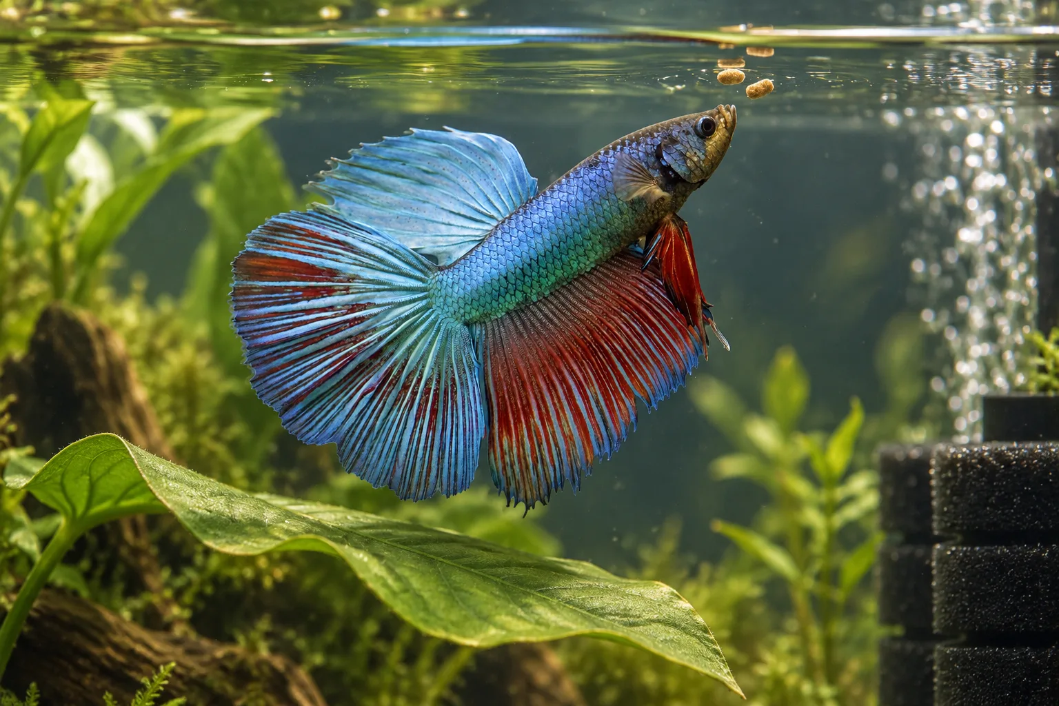 Blue and red long-finned betta rising toward small floating food items at an open water surface above a broad resting leaf