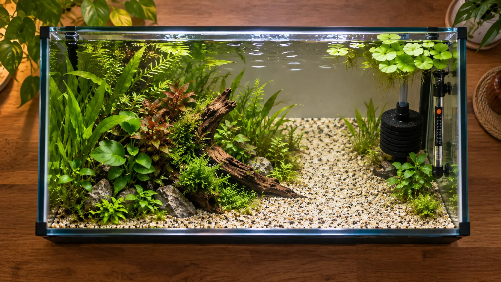 Betta aquarium scene with planted cover, an open swimming lane, filter, heater and lid