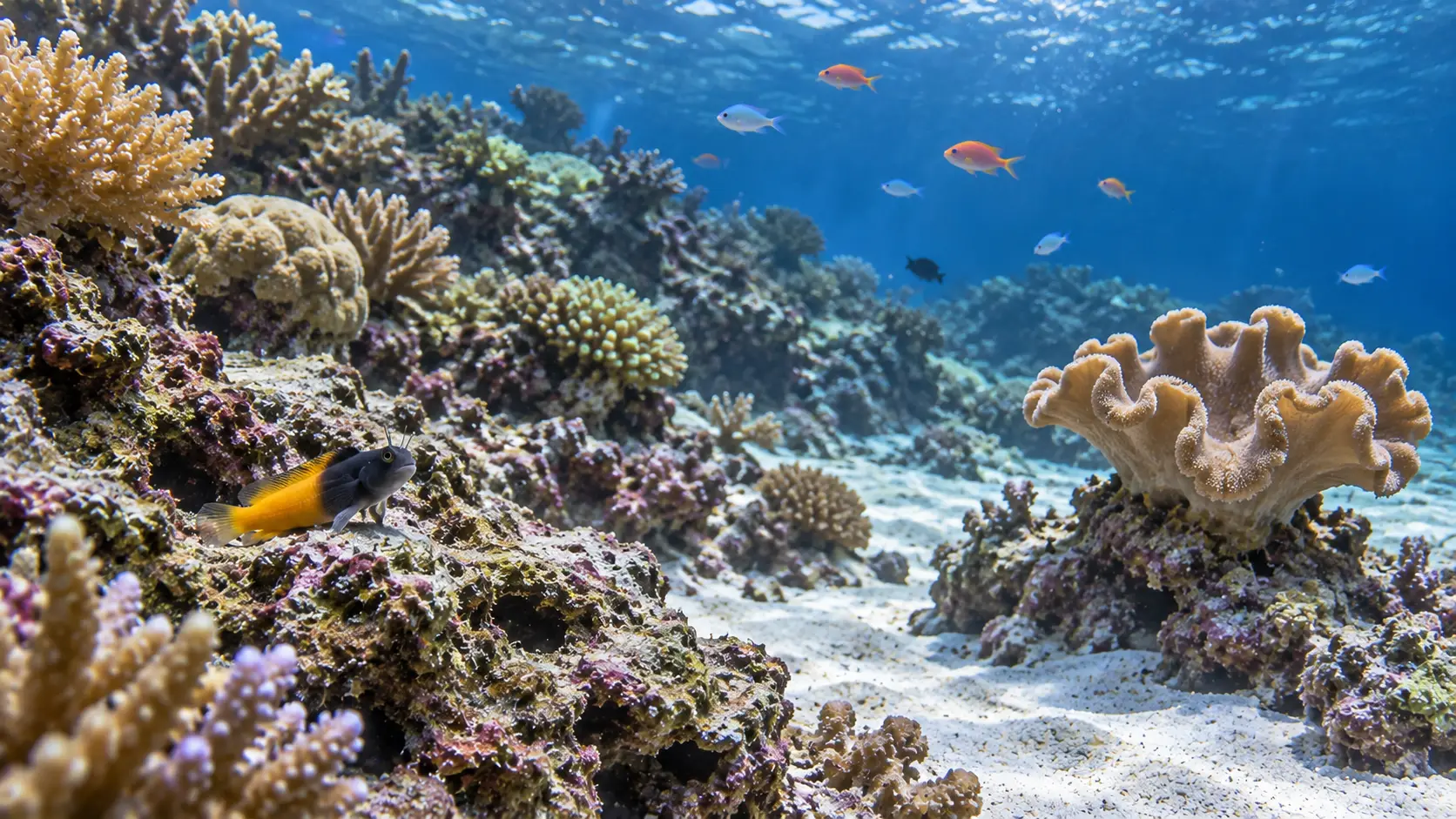 Bicolor blenny near low reef rock while small marine community fish occupy open water above separate territories
