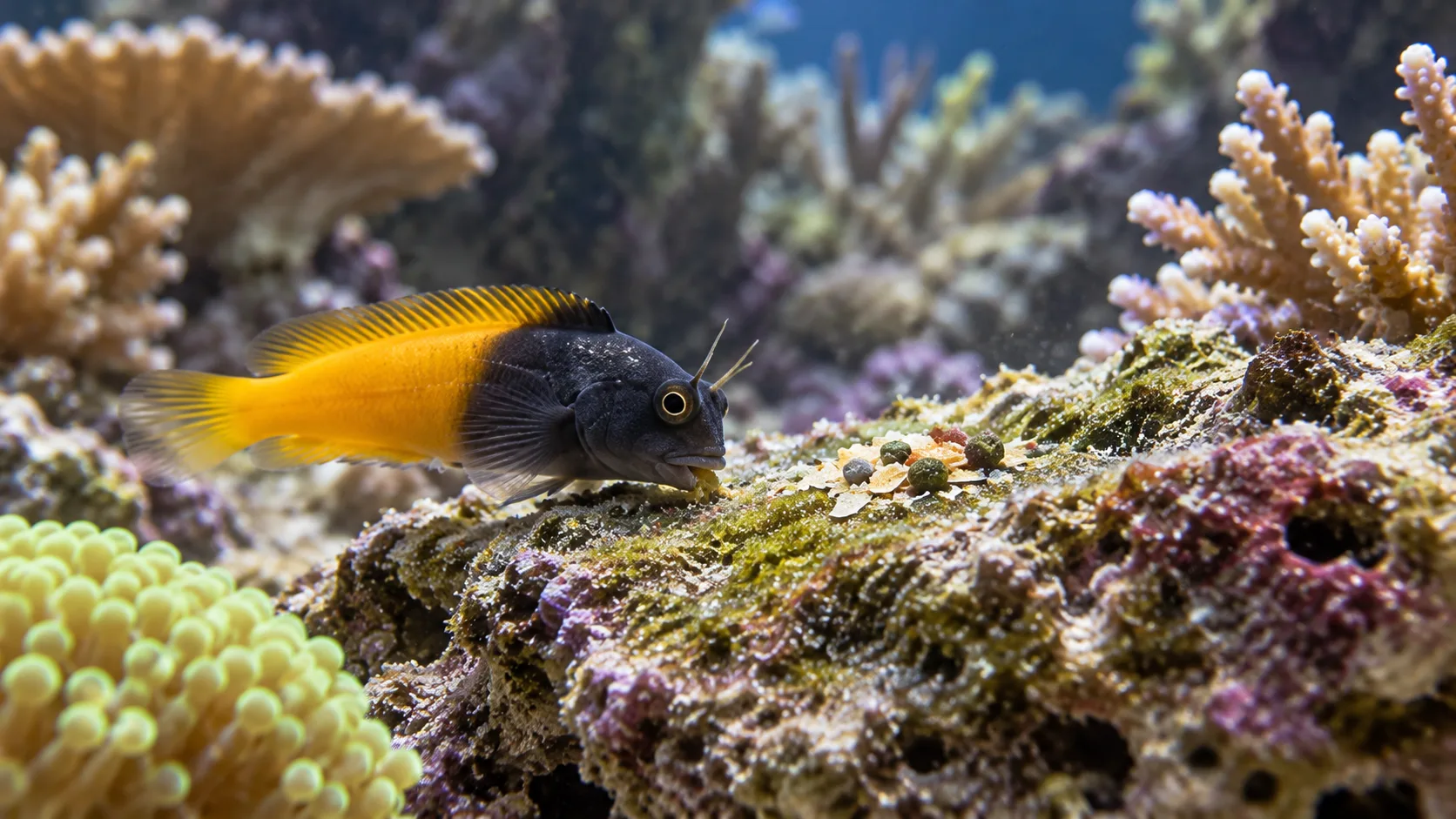 Bicolor blenny grazing a thin natural film from a flat reef rock in a close low-angle view