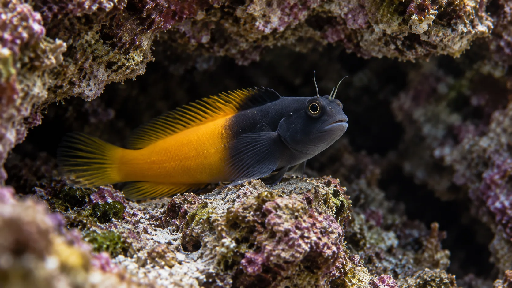 Bicolor blenny viewed from the side while perched at the mouth of a dark reef crevice