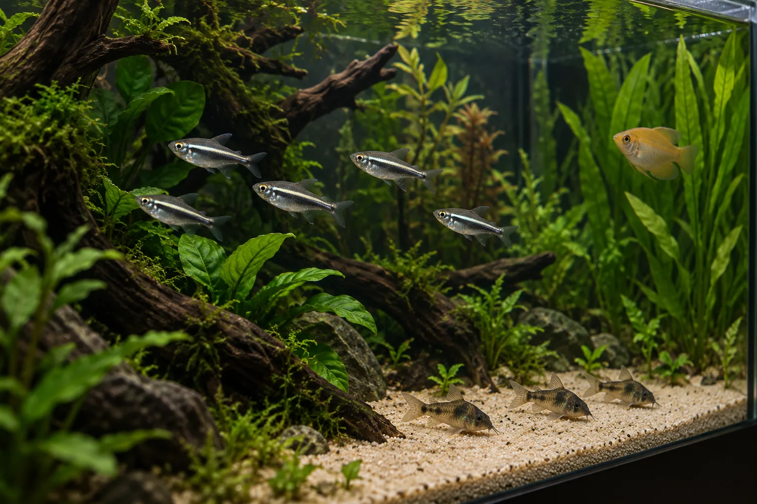 Black neon tetra shoal in open midwater with calm fish using separate planted and bottom zones of a spacious aquarium