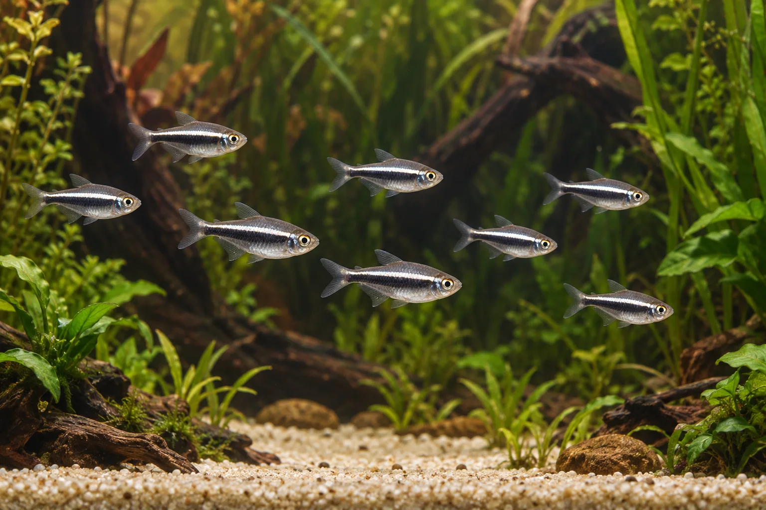 Shoal of black neon tetras moving horizontally through a long open lane bordered by dense plants and dark wood