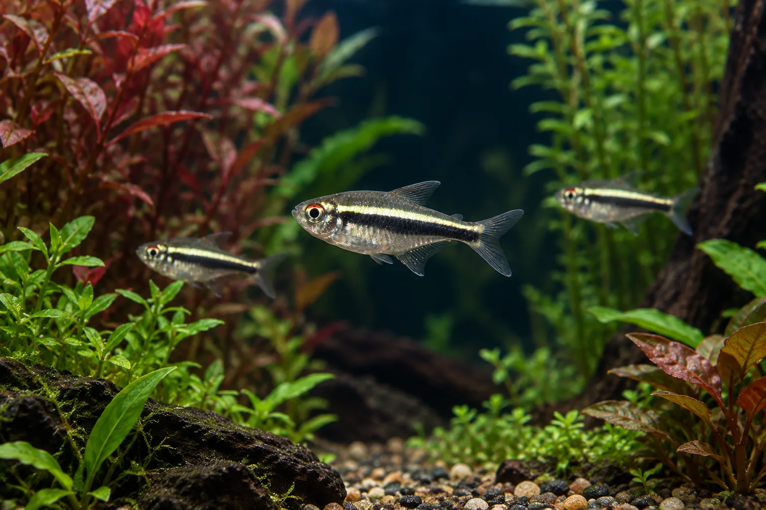 Black neon tetra with a pale upper stripe and broad black lateral band swimming in a planted aquarium