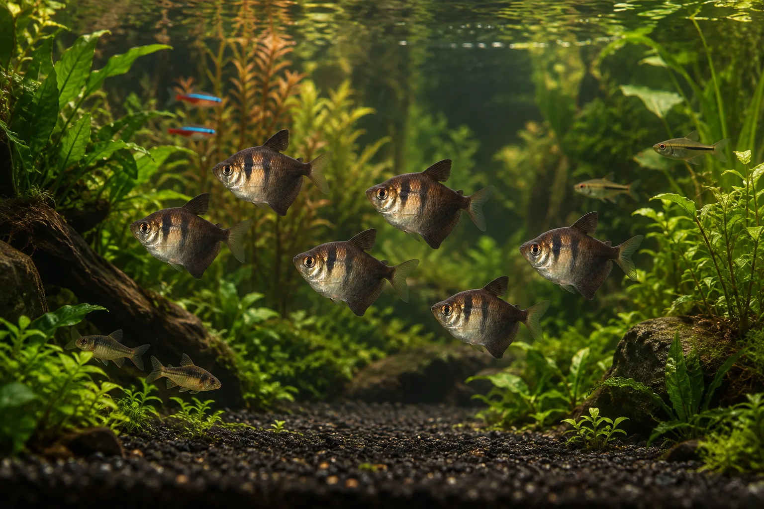 Group of black skirt tetras crossing an open planted aquarium with cover and distant short-finned community fish