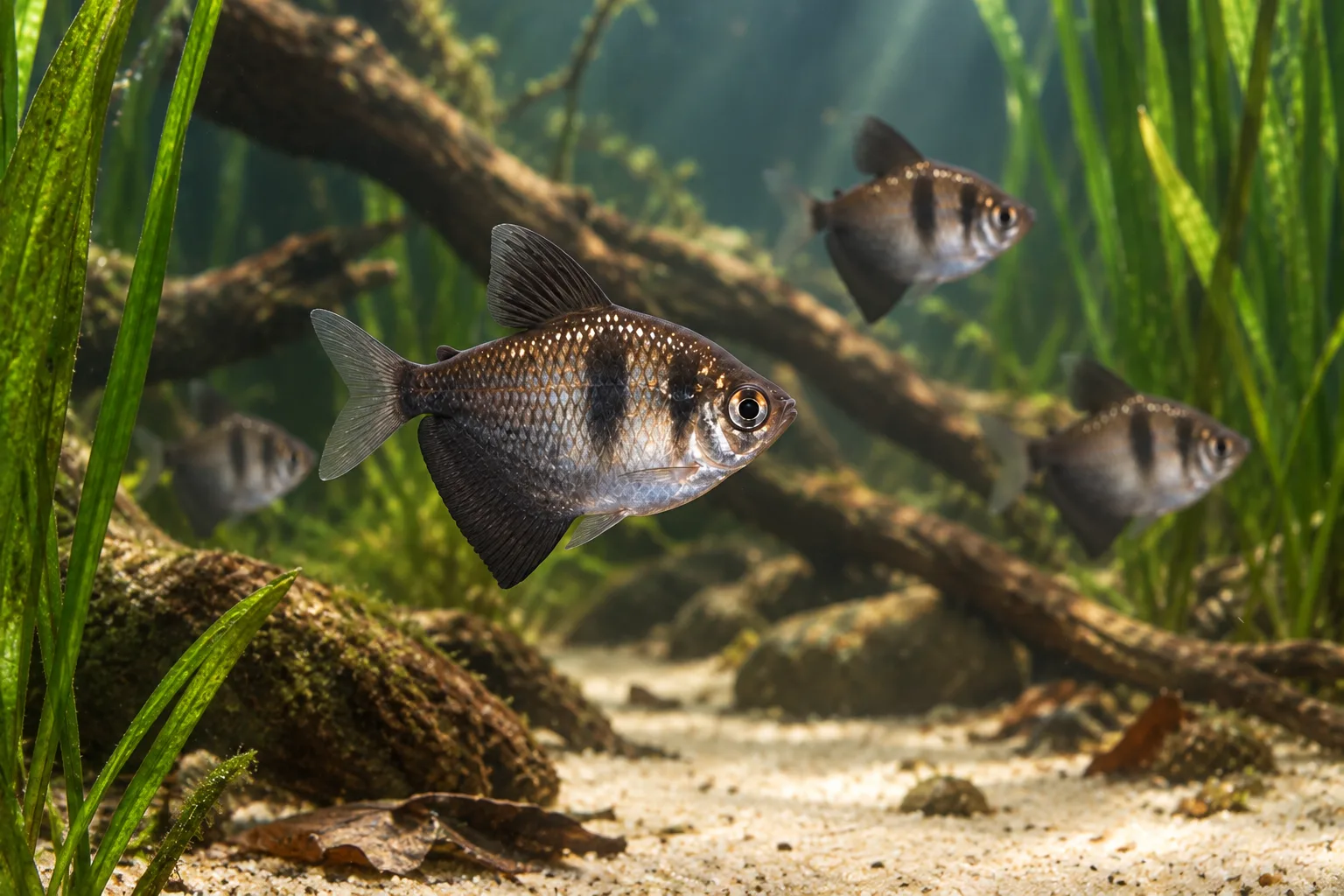 Black skirt tetra with a deep silver body, dark shoulder bars and broad anal fin in a riverbank-style aquarium