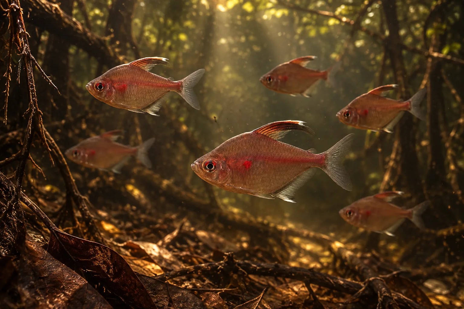 Bleeding heart tetra shoal moving through tannin-stained water among submerged roots, leaf litter and shafts of filtered light