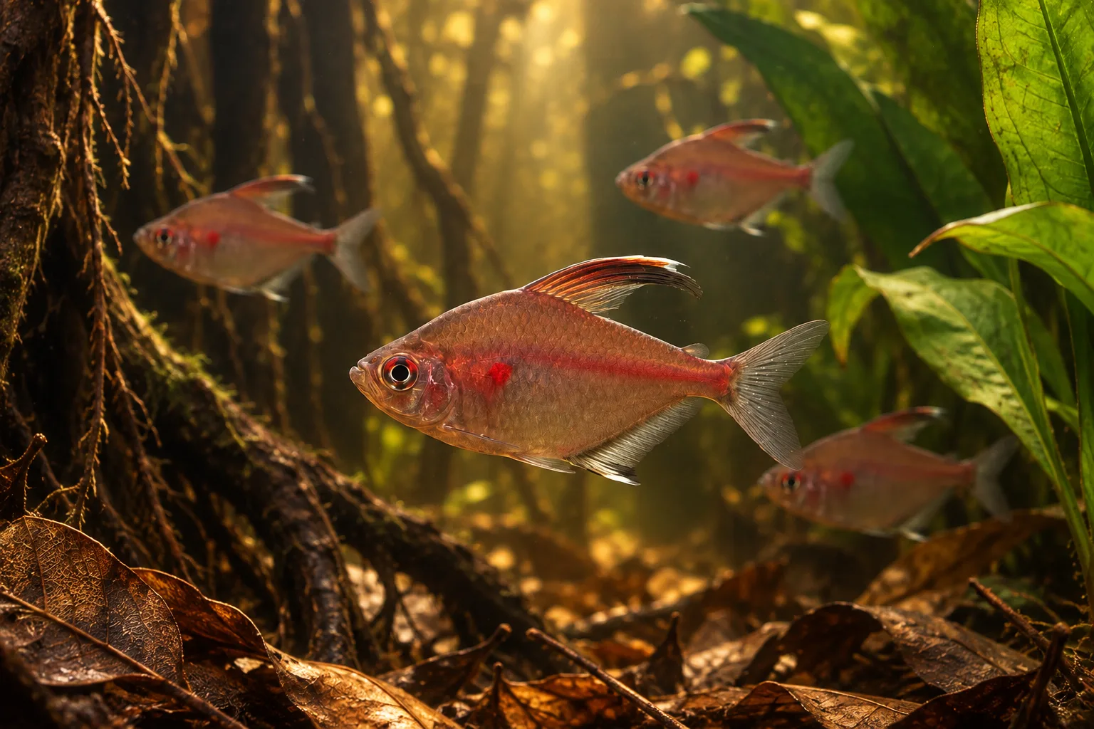 Bleeding heart tetra showing its tall silvery body and red mark behind the gill cover in an amber planted aquarium