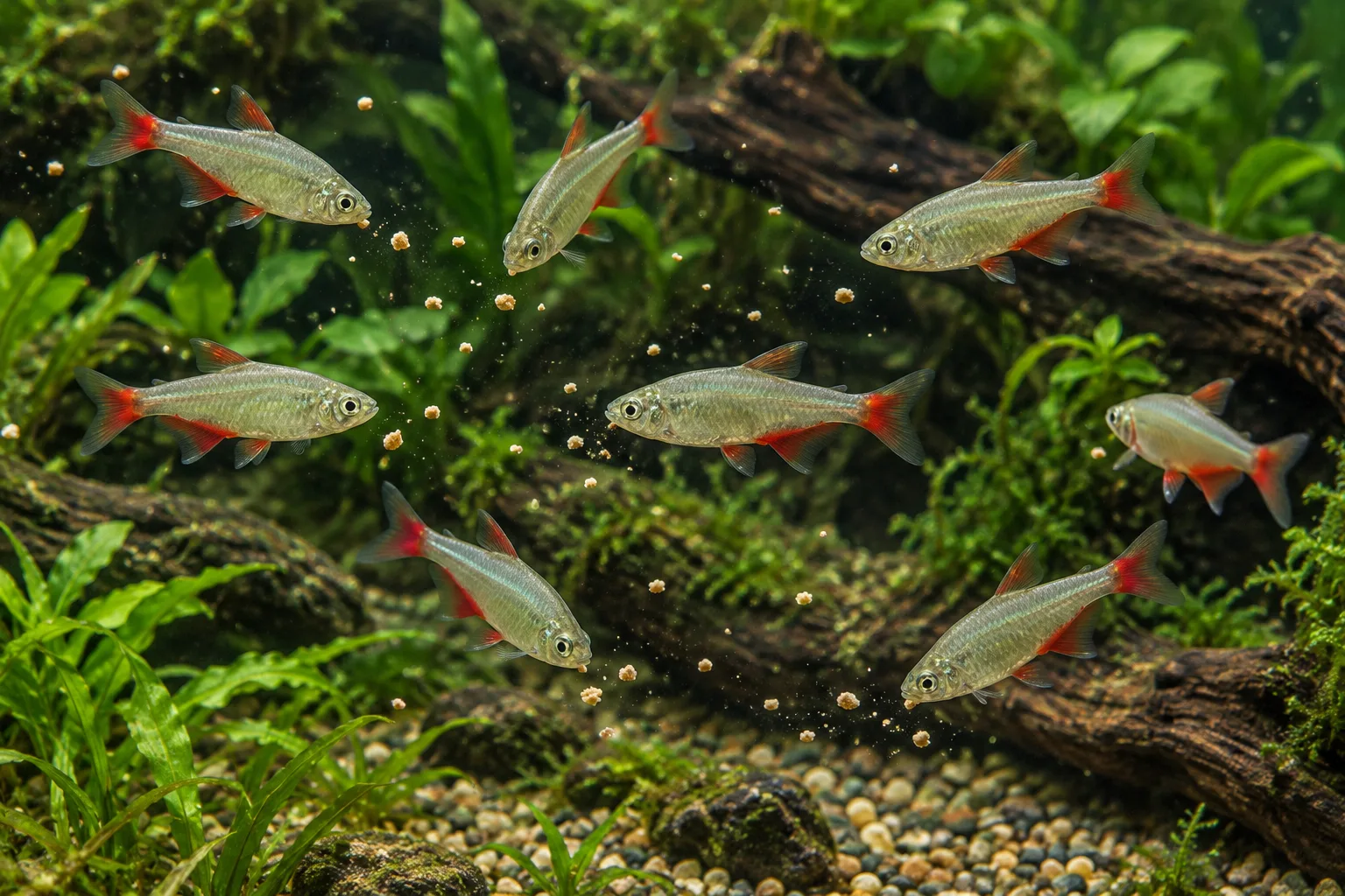 Bloodfin tetra shoal feeding from small food particles distributed across several points in open aquarium water