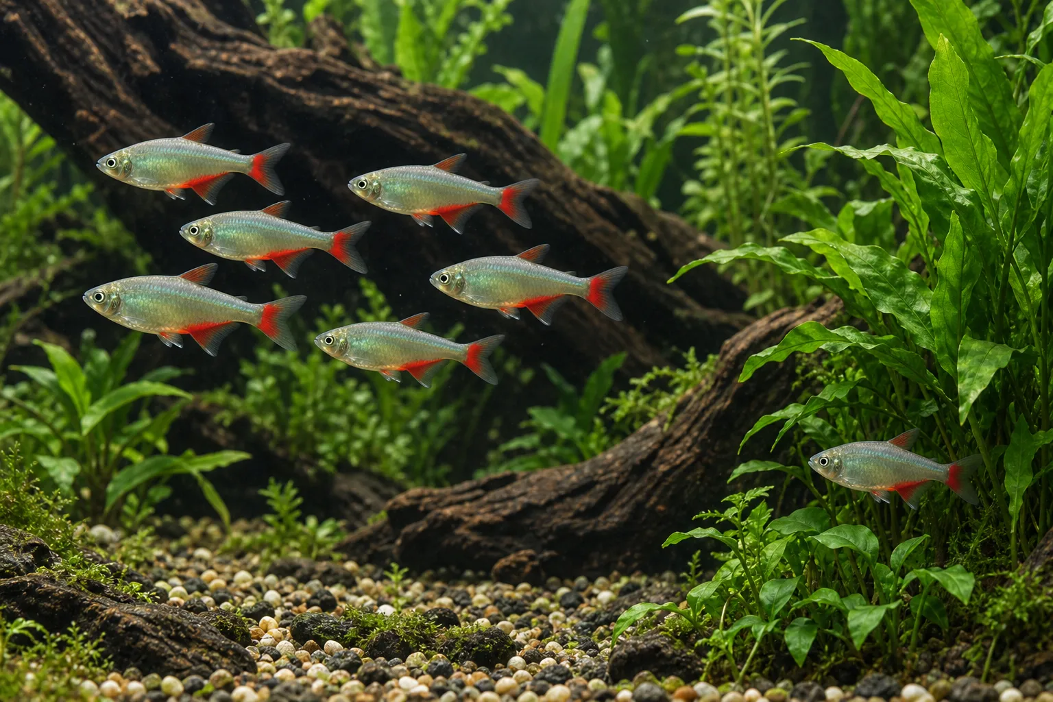 Bloodfin tetra shoal in open water with one intact fish isolated near dense plant cover at the edge of the aquarium